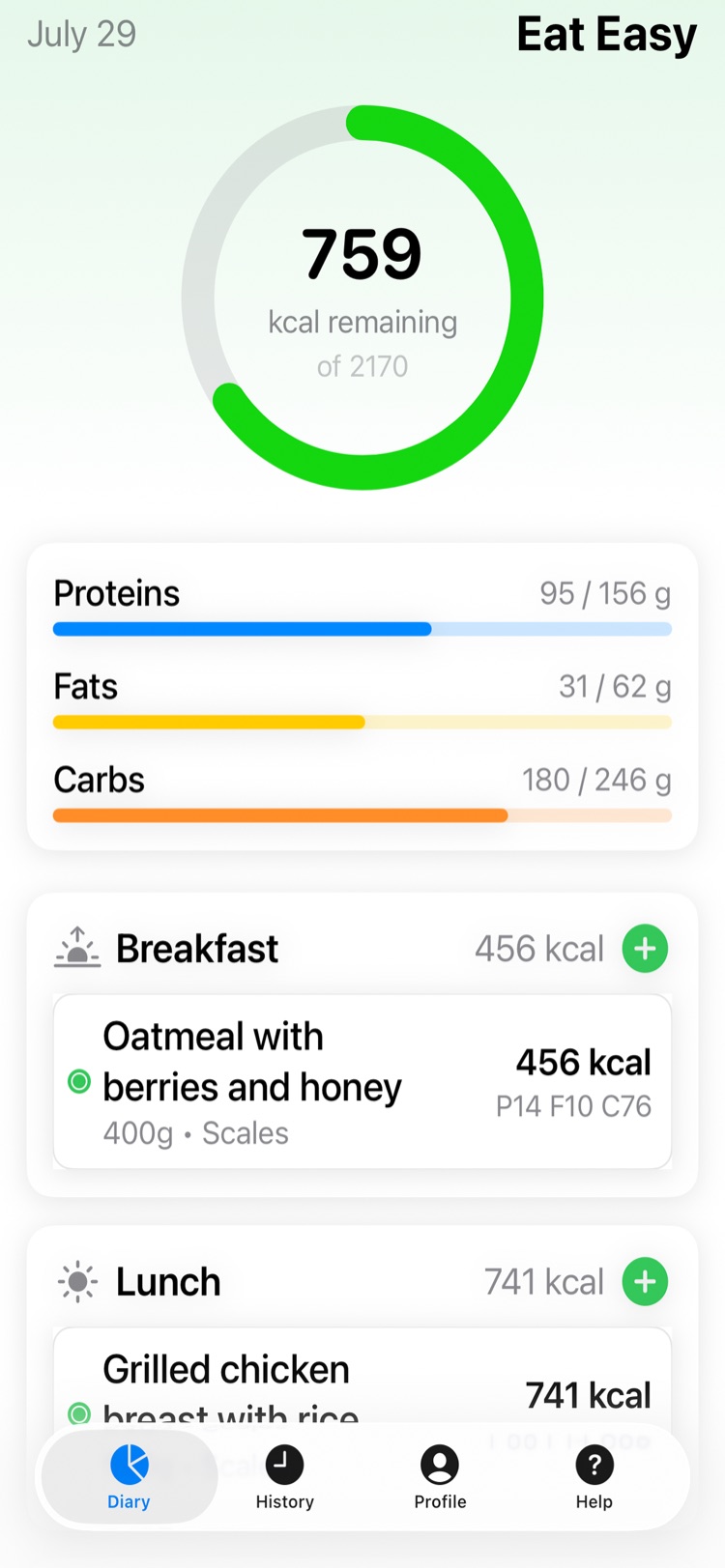 Eat Easy dashboard with calorie and macro rings
