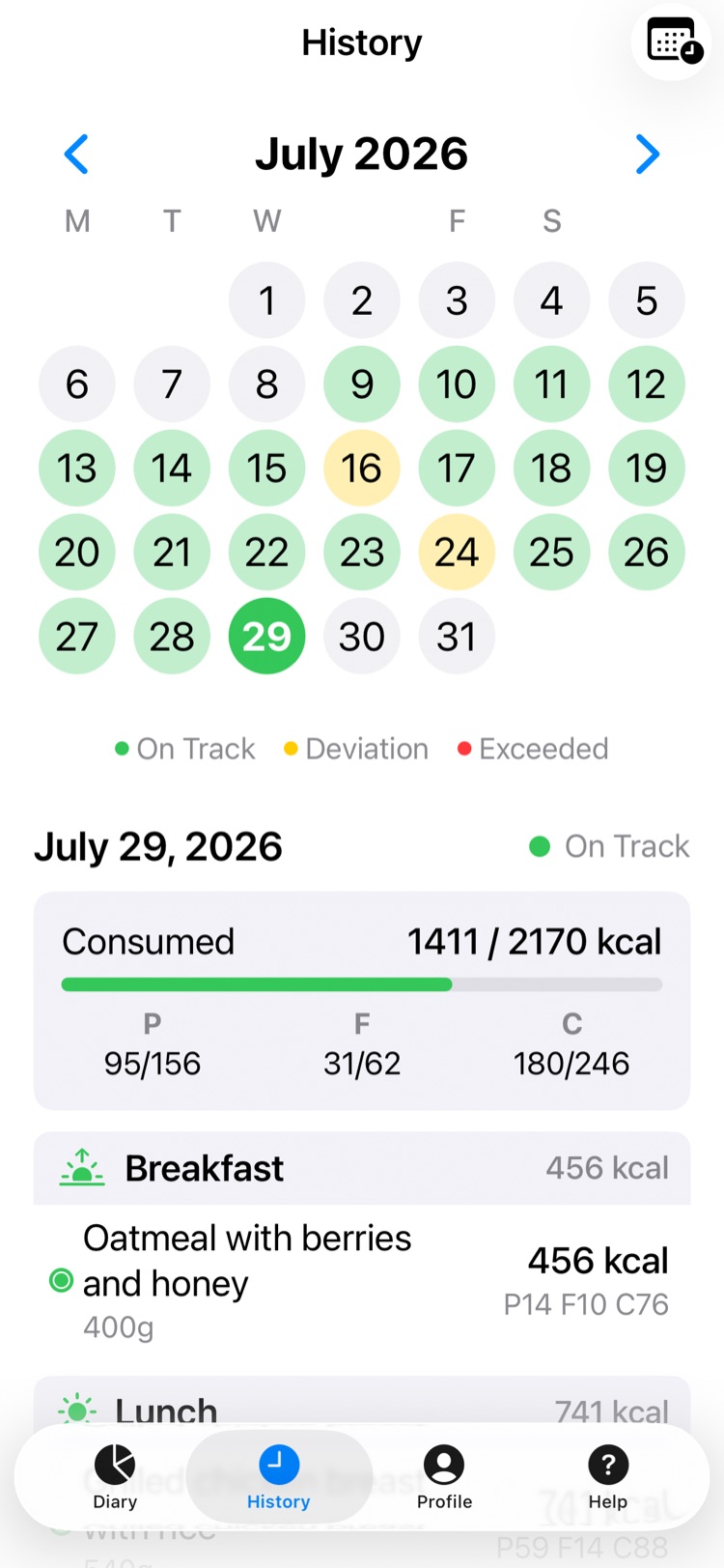History calendar with color-coded days