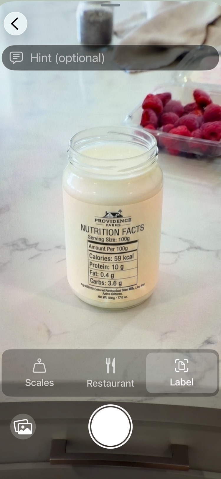 Scanning a nutrition label